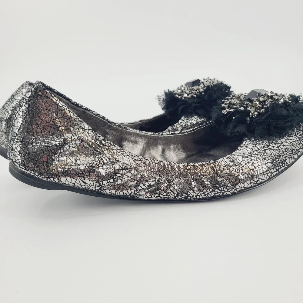 Tory Burch Crackle Leather Amelia Jeweled Crystal‎ Bow Round Toe Flats Size 7M